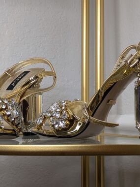 Gold Embellished Women's Heels with Crystal Accent Brand New in Box Size 39